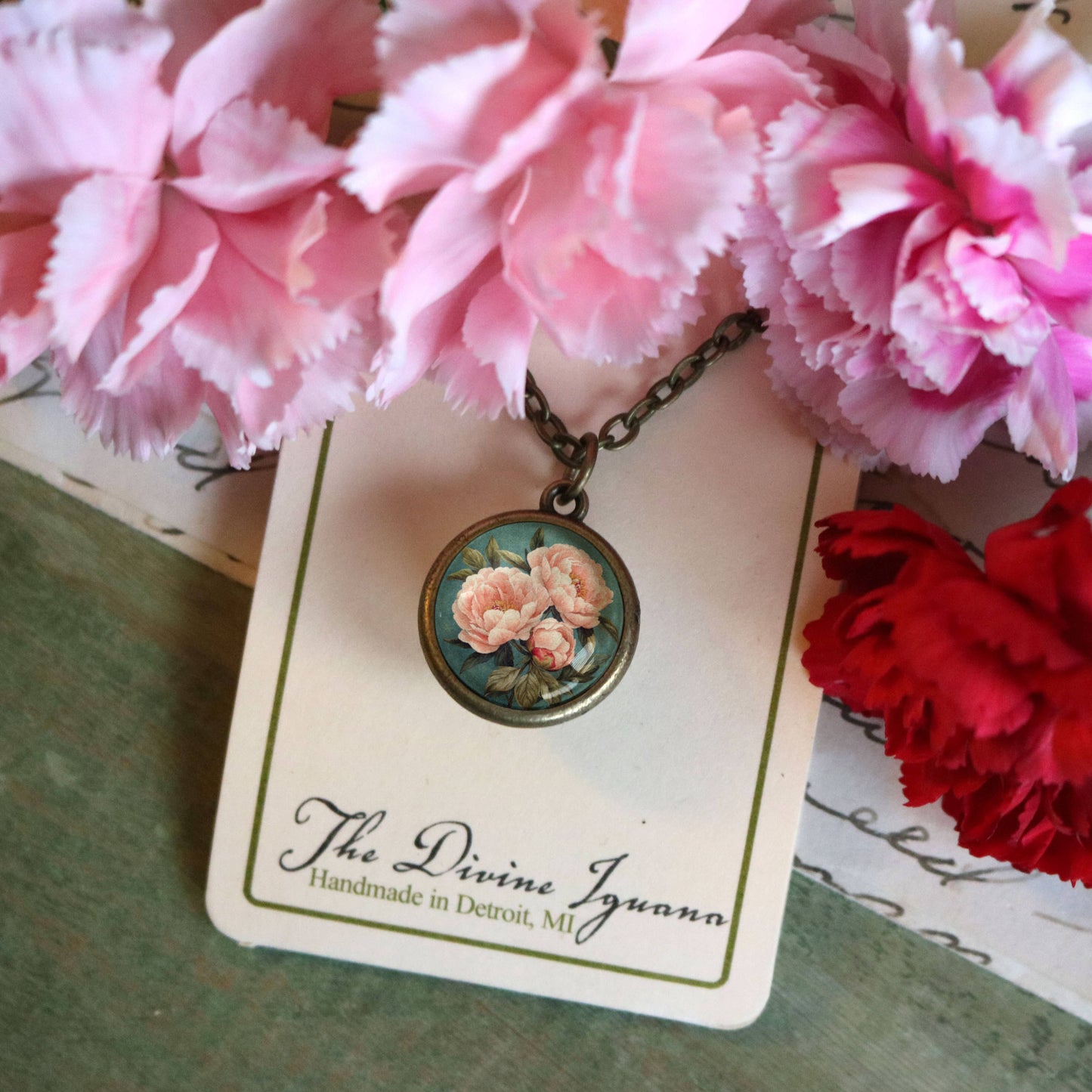 The Divine Iguana - Pink Peony Simple Reversible Spring Pendant Necklace