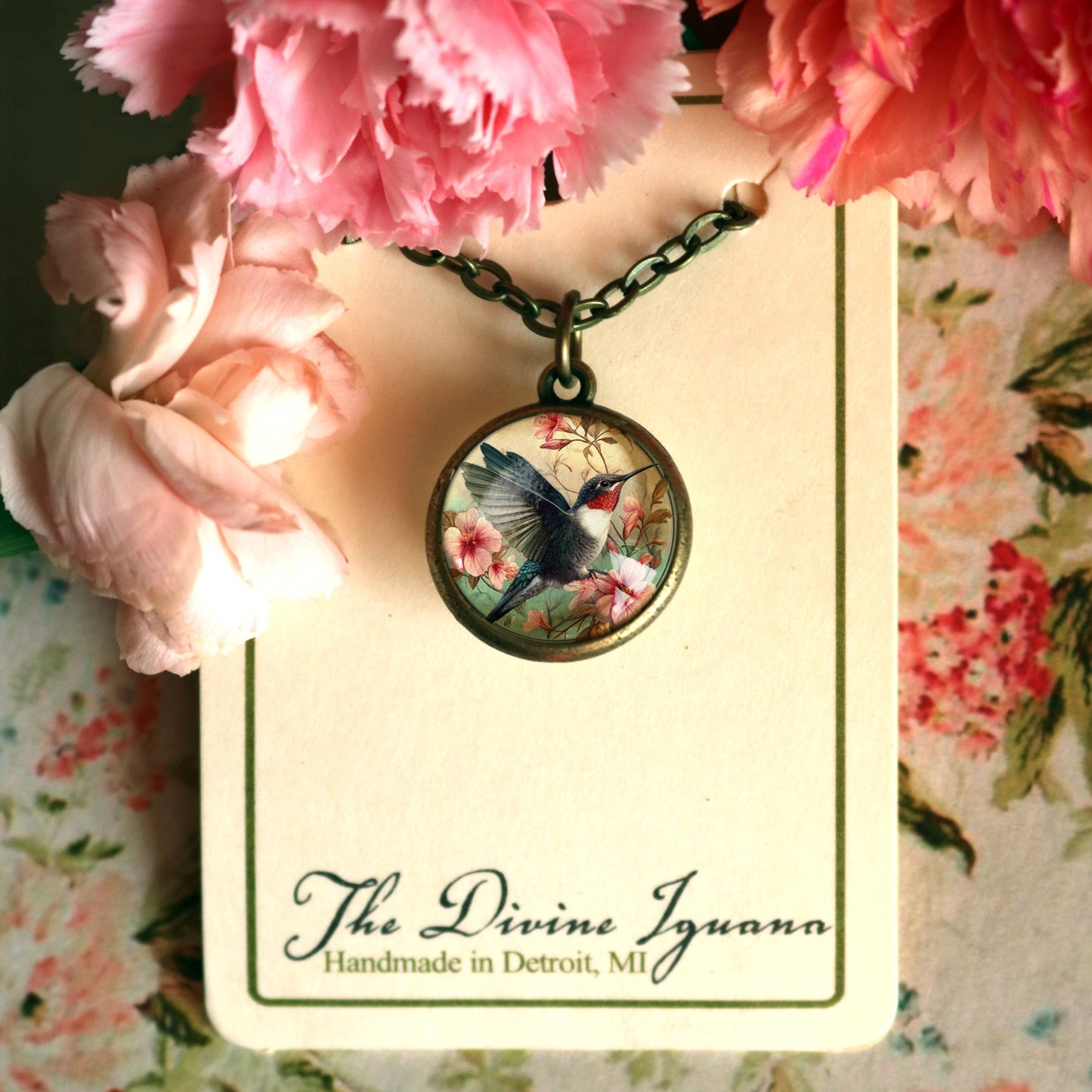 The Divine Iguana - Hummingbird Art Nouveau Simple Reversible Pendant Necklace
