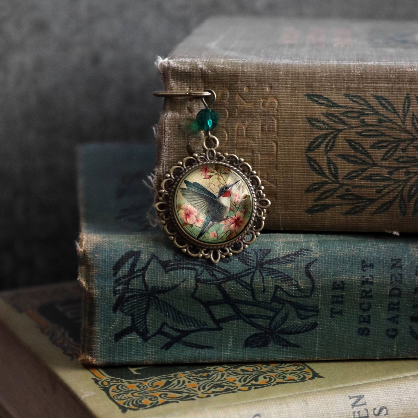 The Divine Iguana - Hummingbird Art Nouveau Glass Cabochon Bronze Bookmark