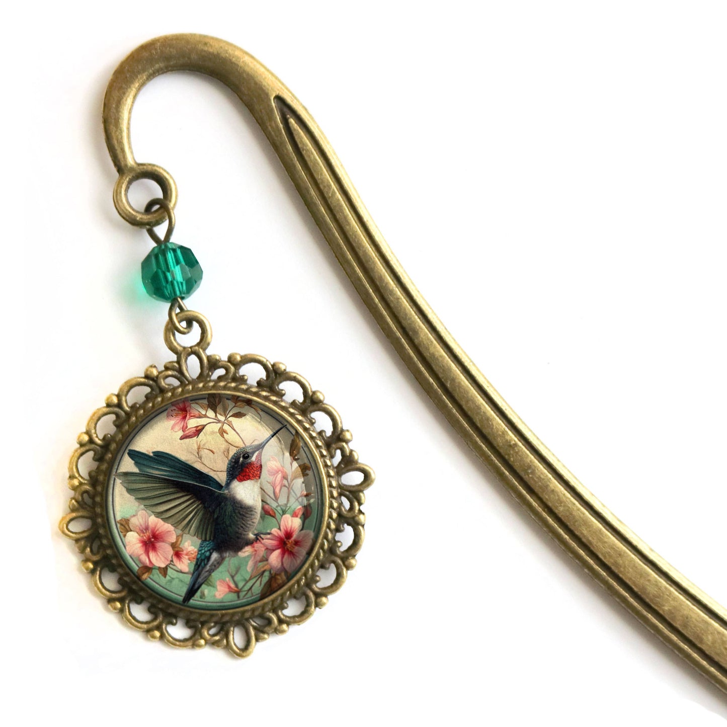 The Divine Iguana - Hummingbird Art Nouveau Glass Cabochon Bronze Bookmark