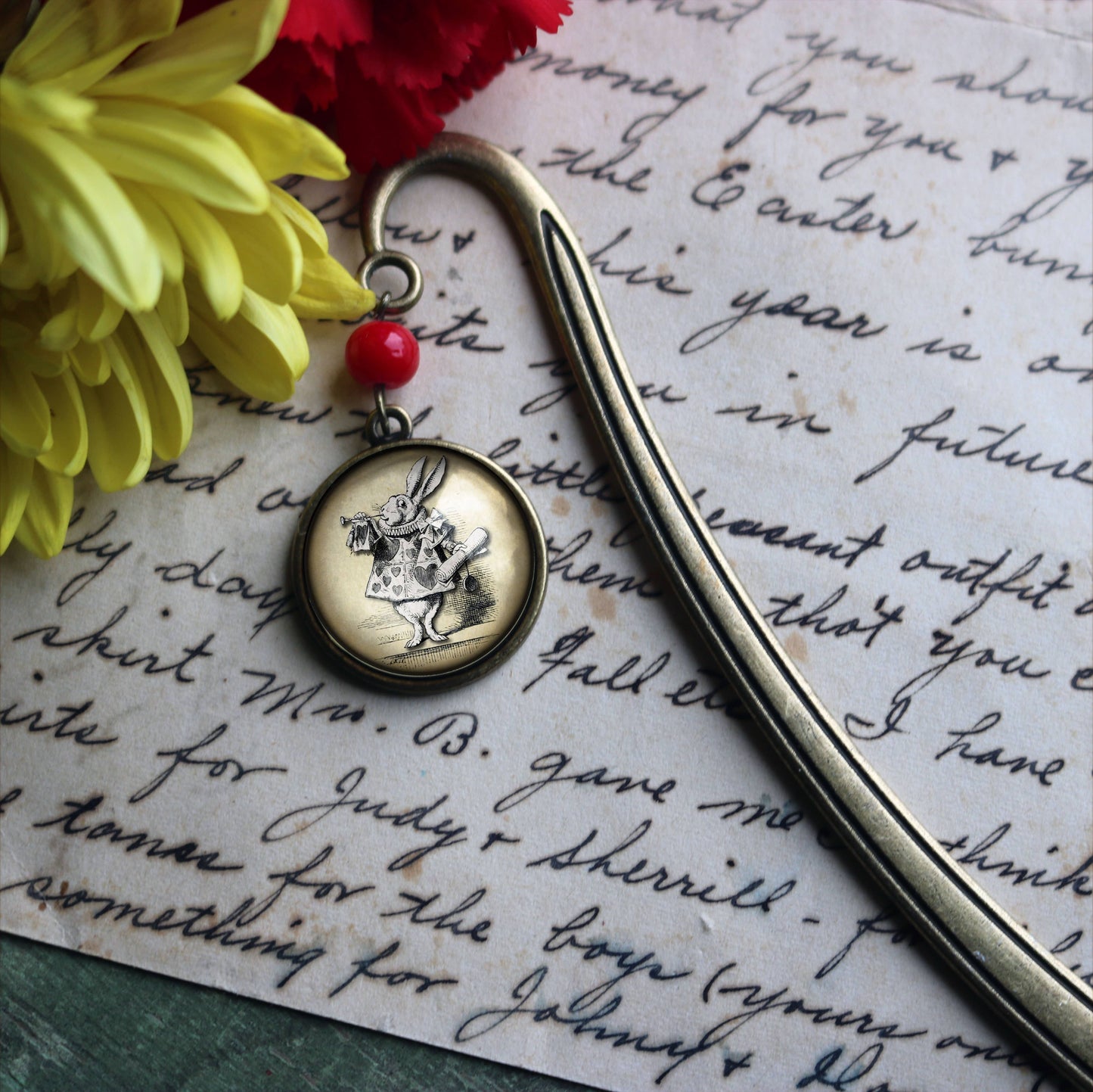 The Divine Iguana - Alice in Wonderland White Rabbit Bronze Bookmark w/ Glass