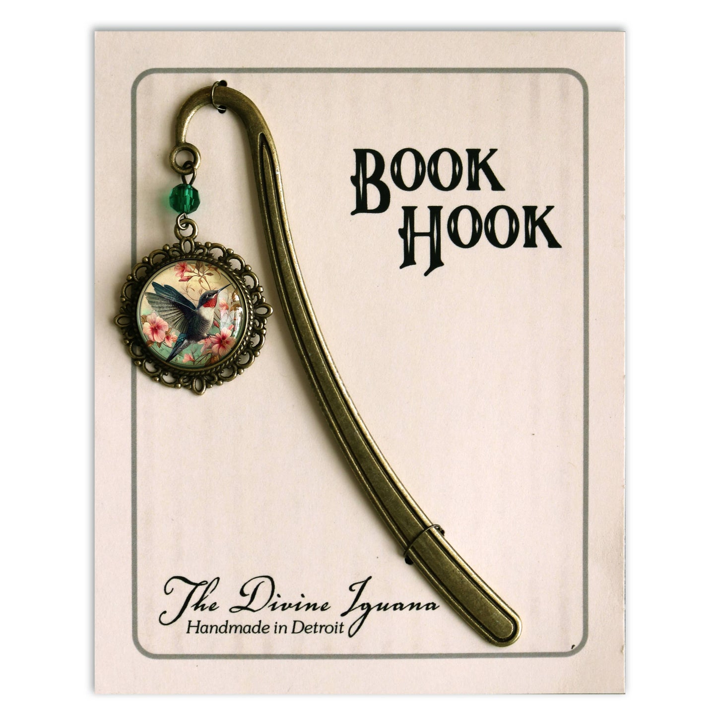 The Divine Iguana - Hummingbird Art Nouveau Glass Cabochon Bronze Bookmark