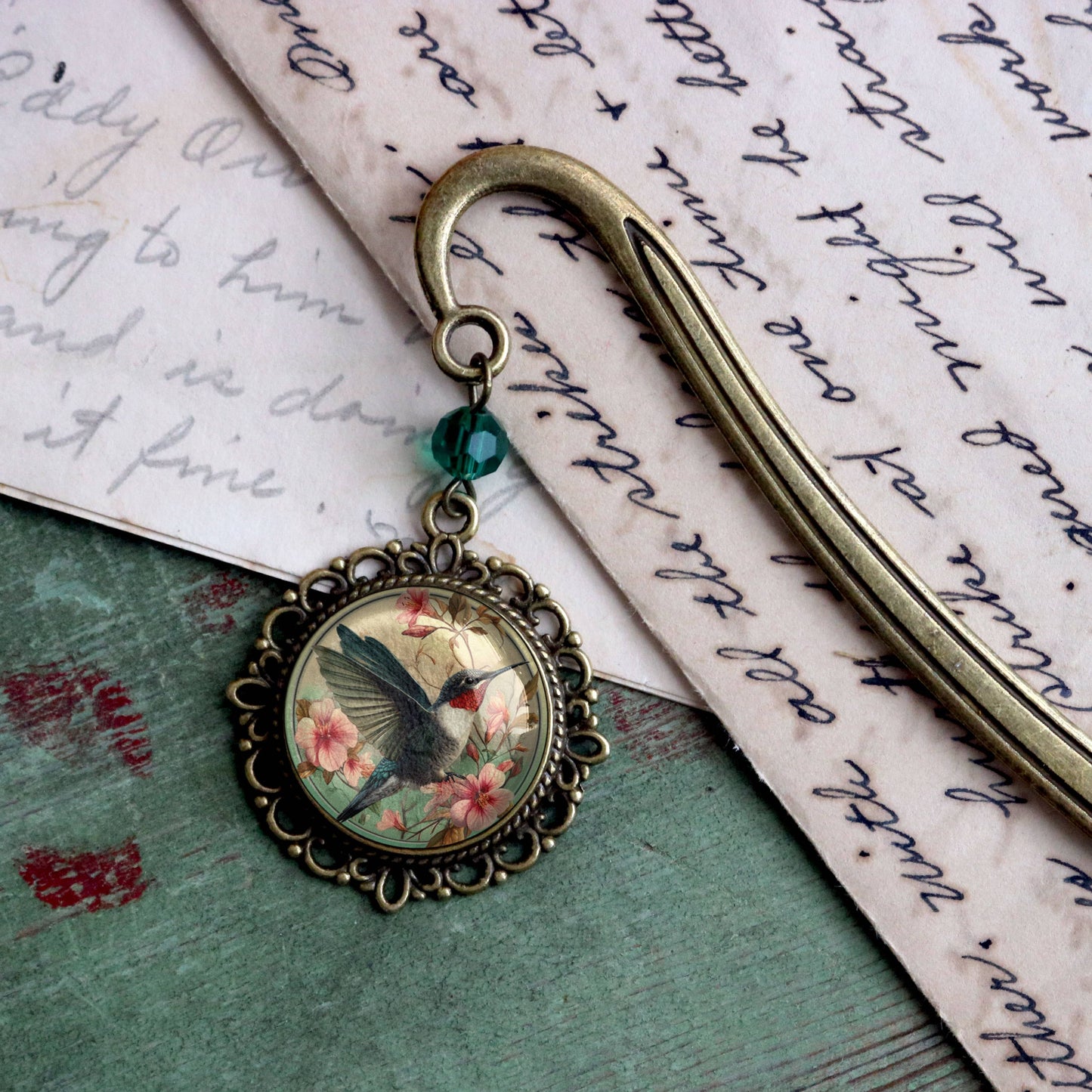 The Divine Iguana - Hummingbird Art Nouveau Glass Cabochon Bronze Bookmark