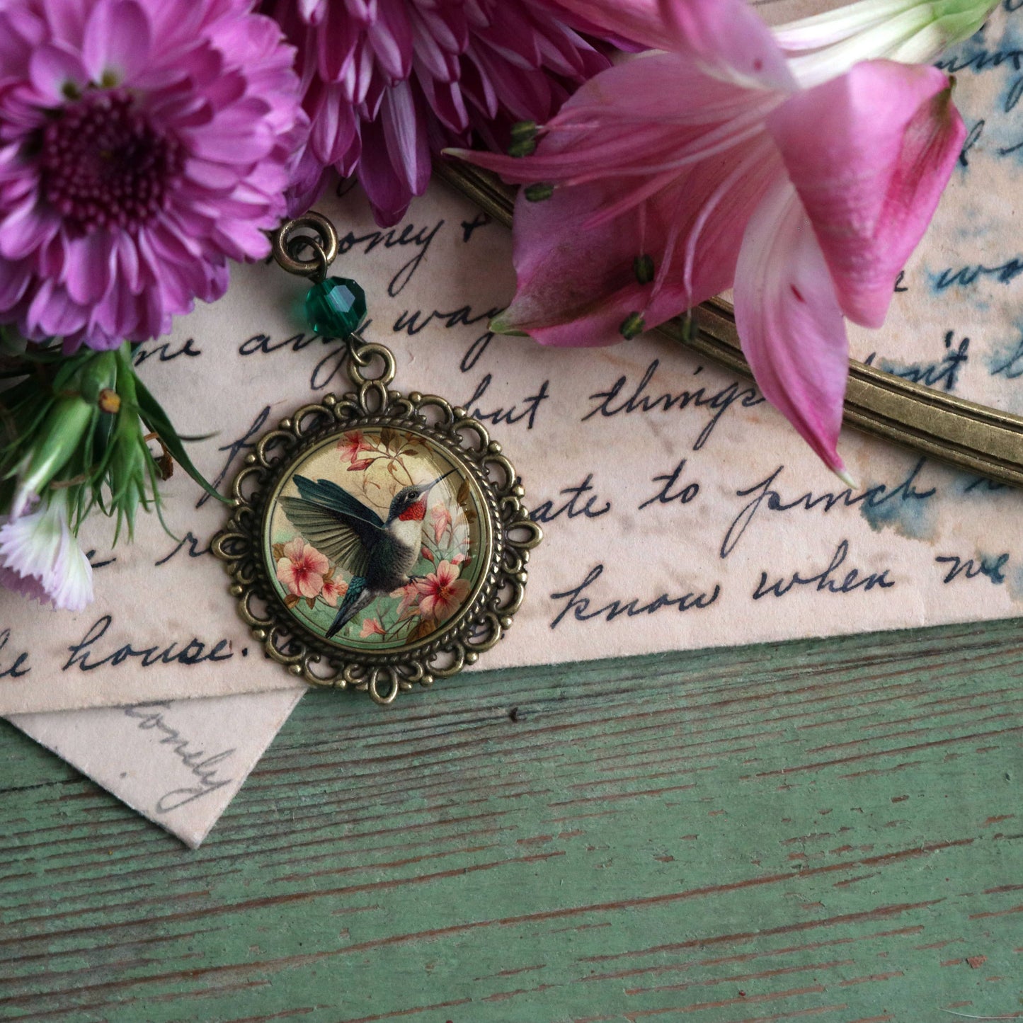 The Divine Iguana - Hummingbird Art Nouveau Glass Cabochon Bronze Bookmark