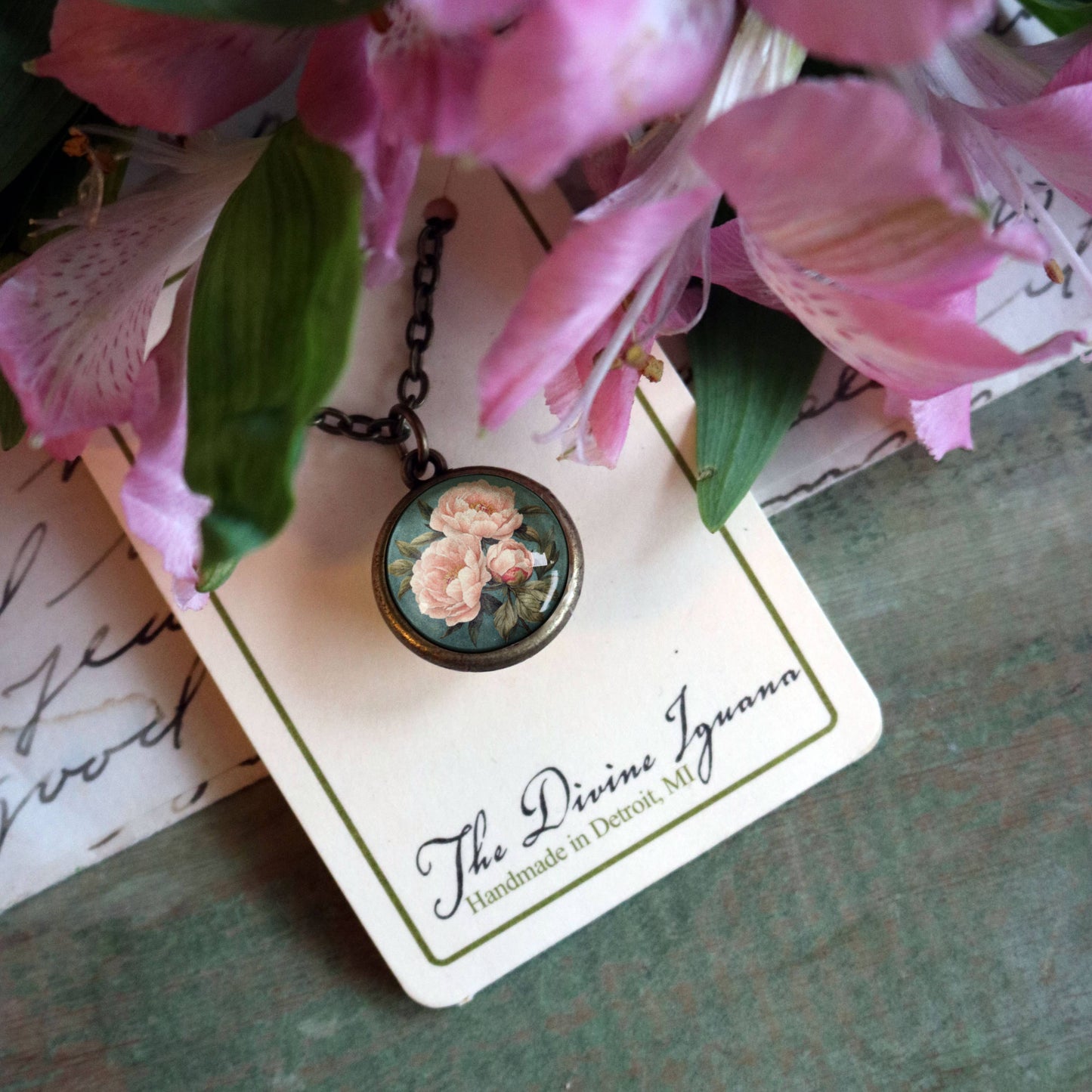 The Divine Iguana - Pink Peony Simple Reversible Spring Pendant Necklace