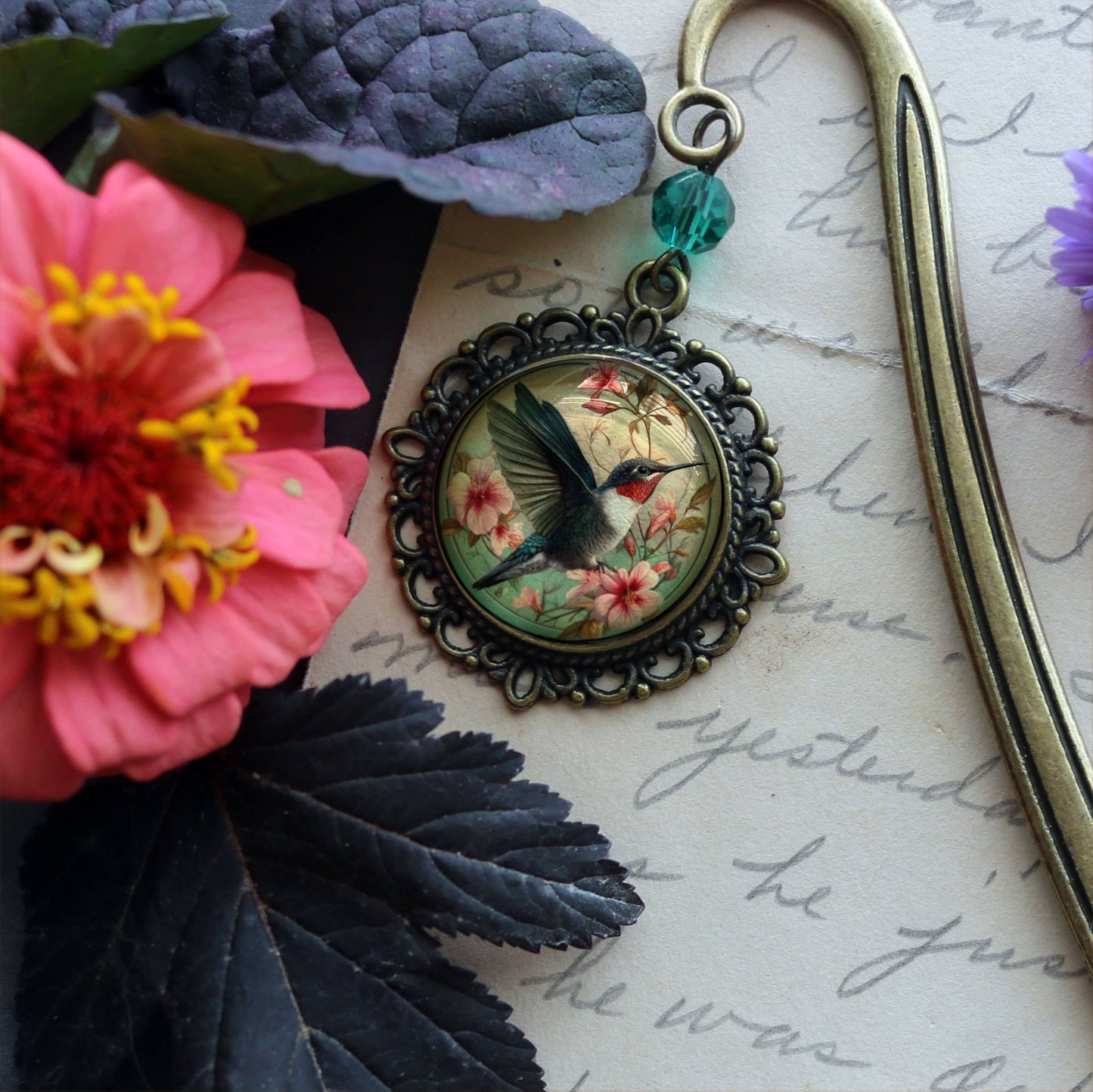 The Divine Iguana - Hummingbird Art Nouveau Glass Cabochon Bronze Bookmark